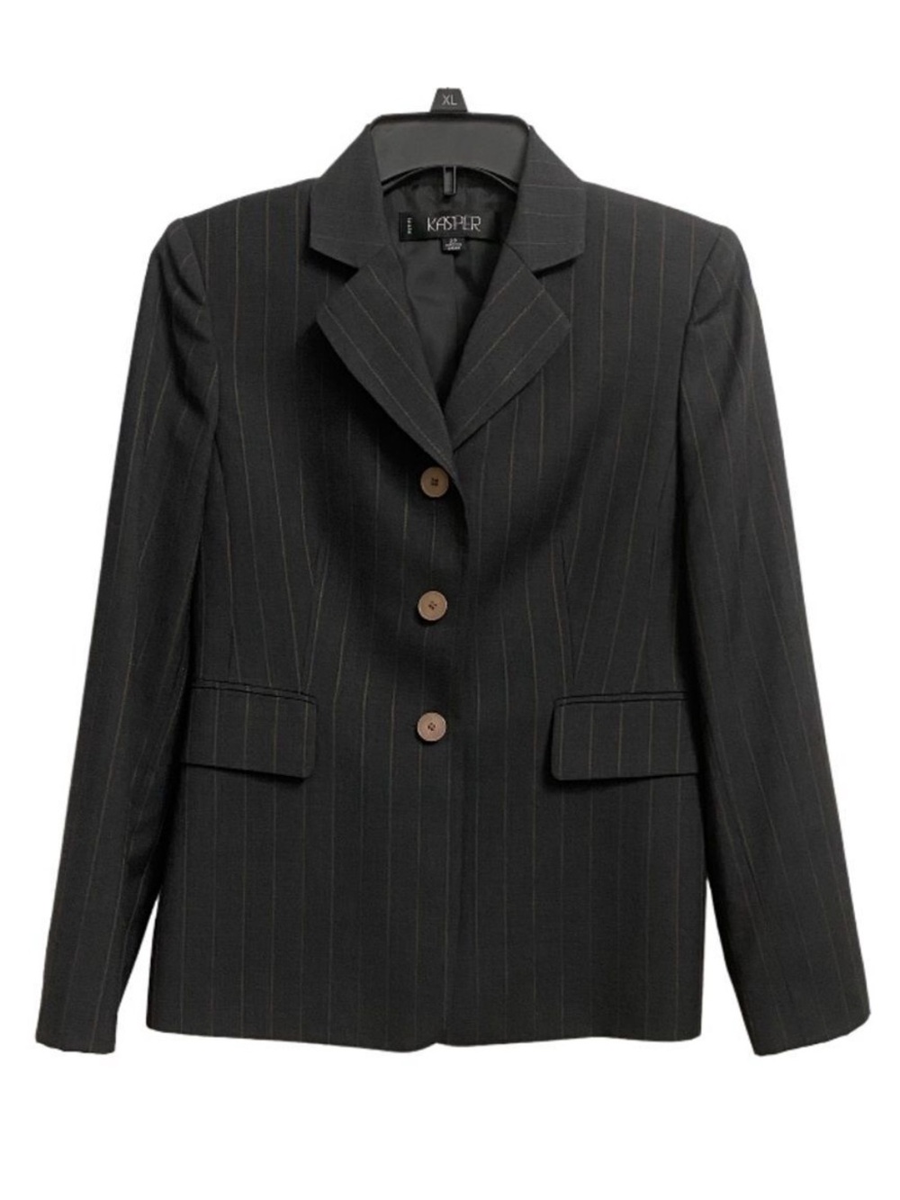 Kasper Women's Wool Blend Three Button Blazer Size 2P Dark Grey Pinstripe Office